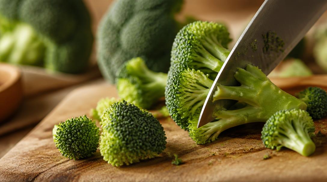 Fresh broccoli florets being sliced on a cutting board